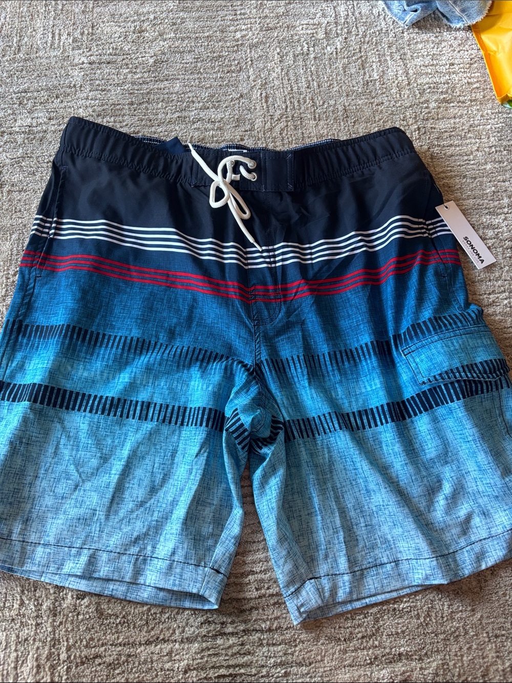 Sonoma Men’s Navy and Blue Ombre Stripe Swim Shorts with Red Accents